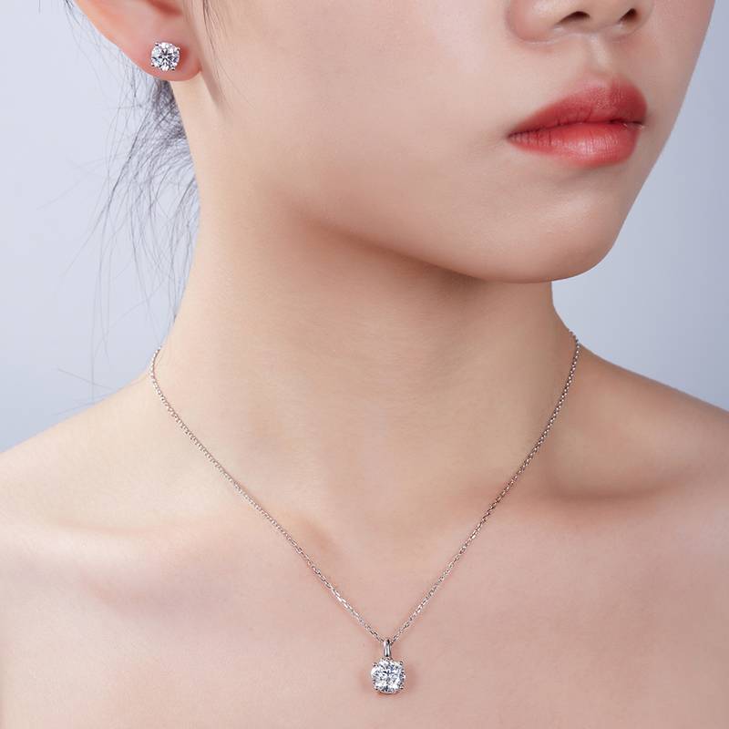 Classic圆形S925银镀白金MoissanitePendantStud Earring套装